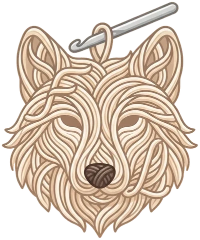 Das Fenliloop-Logo: ein Wolfskopf aus hellem Garn, oben hängt eine Häkelnadel in einer Schlaufe